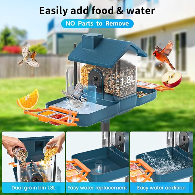 Bird Feeder with Camera and Bird Bath for Outdoors, Dual-Lens 2K HD Video with AI Identification, Solar Powered, Instant Alerts, IP66 Weatherproof