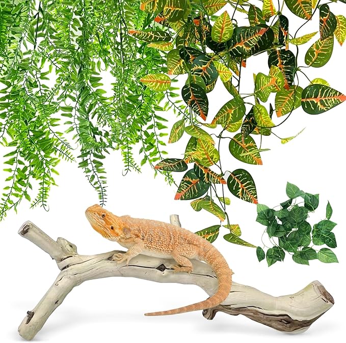 VCEPJH 4 Pcs Reptile Plants, Climbing Wood Branch Terrarium Hanging Fake Plant Leaves Bearded Dragon Tank Accessories, Habitat Decor for Snake Leopard Gecko Lizard Chameleon (Style 2)