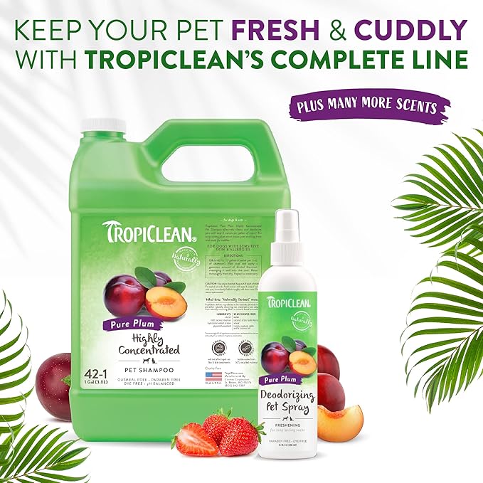 TropiClean Dog Perfume, Long Lasting Plum Cologne, Deodorizing Spray for Smelly Dogs, After Bath Detangling Spray with Vitamin E, Safe for Cats, 8oz.