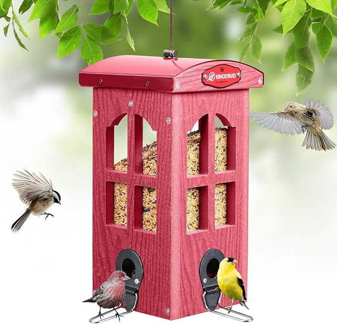 Kingsyard Upgraded Rainproof Bird Feeder for Outdoor Hanging - Metal Feeding Port, Recycled Plastic Wild Bird Feeder with Metal Mesh Tray for Goldfinch Small Bird, Garden Yard Decoration, Red