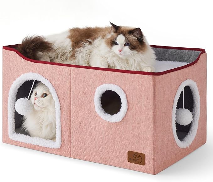 Bedsure Large Cat Beds for Indoor Cats - Extra Wide Cat Cube House for Small Pet with Fluffy Ball Hanging and Scratch Pad, Foldable Pet Cave Hideaway for Multiple Cats, 23.6x16.9x13 inches,Pink