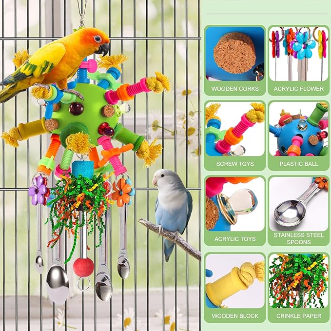 Parrot Toys Bird Toys Perch Pullable Stainless Steel Spoons Colorful Acrylic Stick Chew Toys for Amazons Mini Macaws African Greys Cockatoos Conures,Cockatiels,Lovebirds,Parrotlets and Other (green)