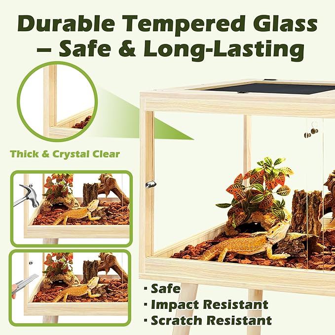 PROLEE Bearded Dragon Tank with Leg,Tempered Glass Lizard Tanks and Reptile Enclosure,Up to 78 Gallon Reptile Tank with Metal Mesh and Lockable Door for Snakes,Chameleon (Oak, 31Gallons,32inch)