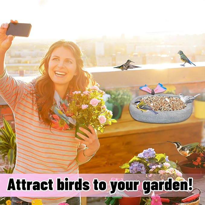 Bird Bath for Outside, Hanging Bird Water Feeder Bowl with Vintage Butterfly Statue, Outdoor Resin Birdfeeder Birdbath for Garden Yard Patio Decor (Ellipses+Butterfly)