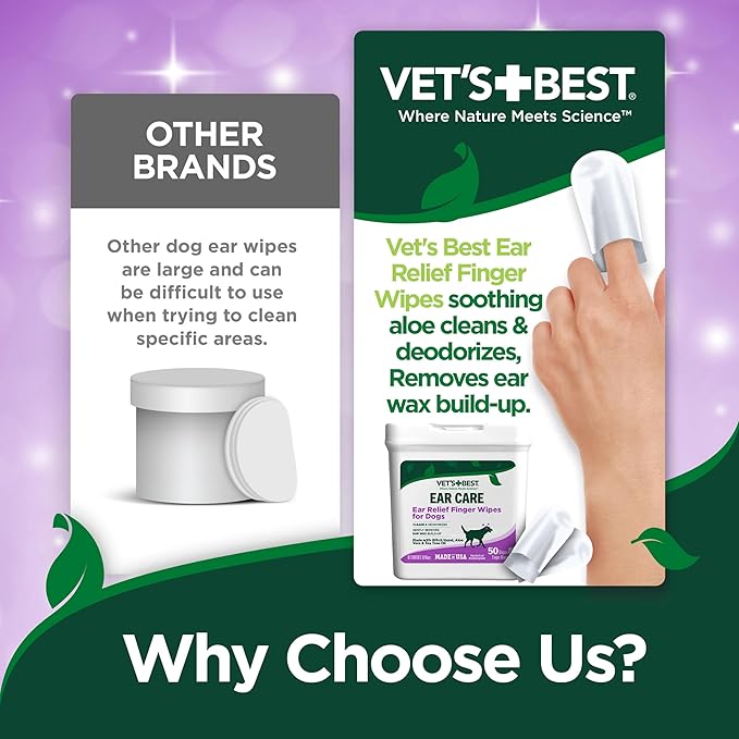 Vet's Best Ear Relief Finger Wipes, Ear Cleansing Finger Wipes for Dogs, Sooths & Deodorizes, 50 Disposable Dog Wipes