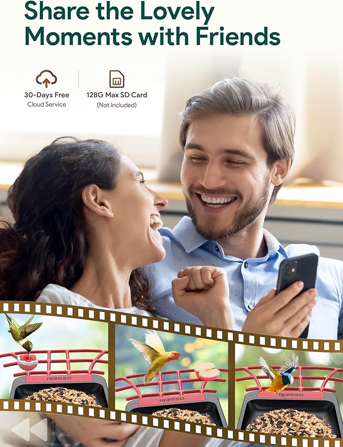 Osoeri Bird Feeder with Camera, Smart AI Identify Wild Bird Feeders Camera, 1080P Auto Capture Bird's Video & Motion Detection, with DIY Add-ons & Hummingbird Feeder, Gifts for Bird Lover (Red Black)