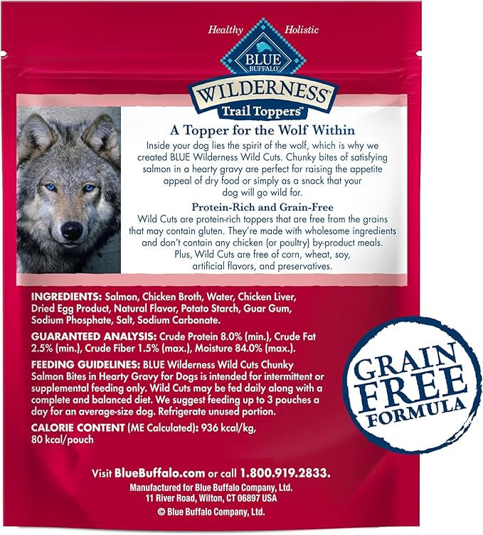 Blue Buffalo Wilderness Trail Toppers Wild Cuts Natural High-Protein Dog Wet Food, Salmon Bites in Hearty Gravy, 3-oz Pouch, 24 Count