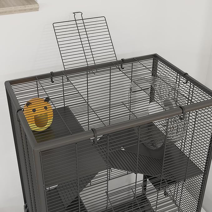 PawHut Large Hamster Cage with Deep Tempered Glass Bottom, 4 Tiers Hamster Tank with Running Wheel, Hut, Water Bottle, Dish, Rat Cage for Syrian, Dwarf, Gerbils, Mouse, 24" x 16" x 31.5", Black