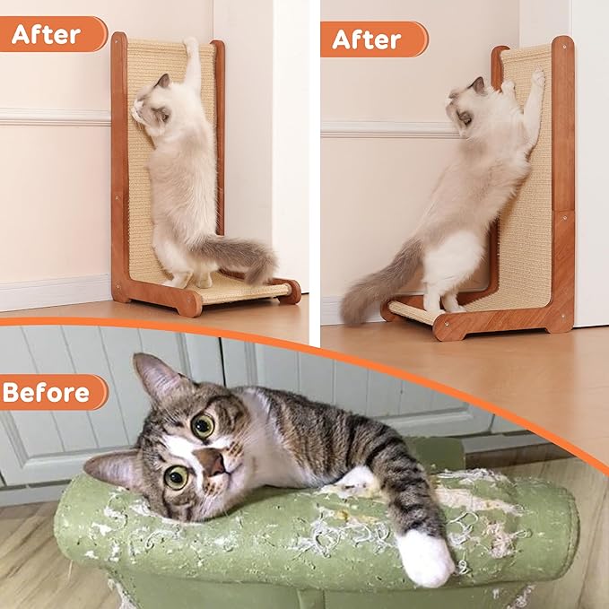 Cat Scratching Post for Indoor Cats, Solid Wood Frame Natural Sisal L Shape Cat Scratch Pad, Vertical Cat Scratcher,Cat Scratching Board Cat Scratch Post,Perfect Cat Furniture