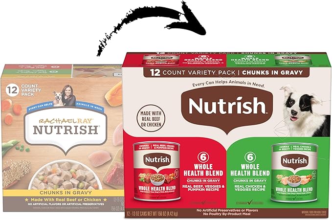 Nutrish Whole Health Blend Chunks in Gravy Variety Pack Wet Dog Food, 13 oz. Can, 12 Count (Rachael Ray)