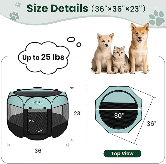 Love's cabin Pet Puppy Dog Playpen, Medium Dog Tent Crates Cage Indoor/Outdoor, Portable Playpen for Cat, Foldable Pop Up Dog Kennel Playpen with Carring Case, Removable Zipper Top, Green