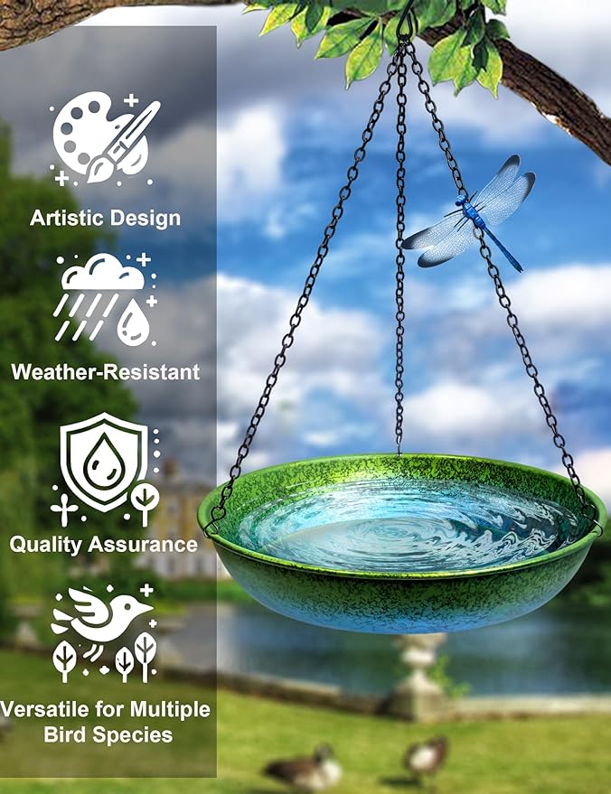 Hanging Bird Bath for Outside Metal Hanging Bird Feeder Window Birds Feeder Hand-Painted Blue and Green Gradient 11 in for Birds to Seed Bathe and Drink for Back Yard, Deck,Patio Garden Decoration