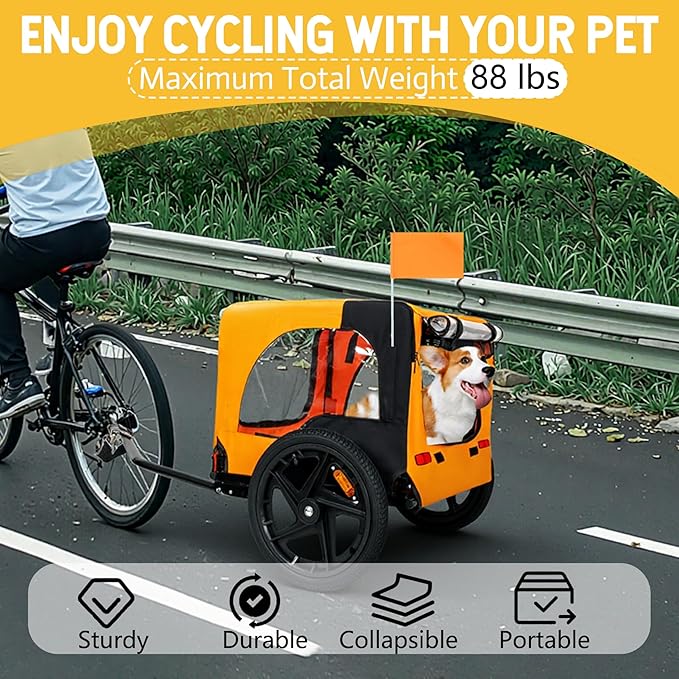 Pet Bike Trailer for Dogs, 88LBS Capacity Dog Bicycle Trailer with 20" Pneumatic Rubber Wheels, Multi-Directional Ventilation, Waterproof Cover, Perfect for Cycling with Pets