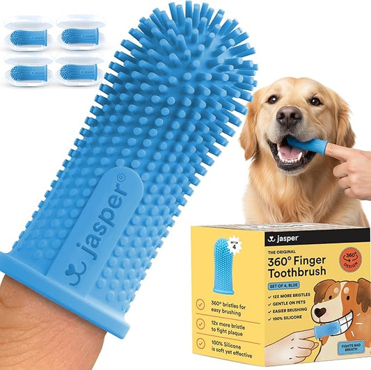Jasper Dog Toothbrush, 360 Degree Dog Tooth Brushing Kit, Cat Toothbrush, Canine Dental Care & Teeth Cleaning Kit, Pet Finger Tooth Brush, Use with Pet Toothpaste, 4-Pack Blue
