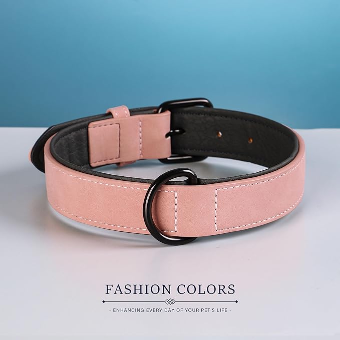 Didog Soft Padded PU Leather Dog Collar, Breathable and Adjustable Pink Dog Collars for Medium Dogs, Comfortable for Daily Walk, Pink, L Fit Neck 13-17"(22-44 lbs)