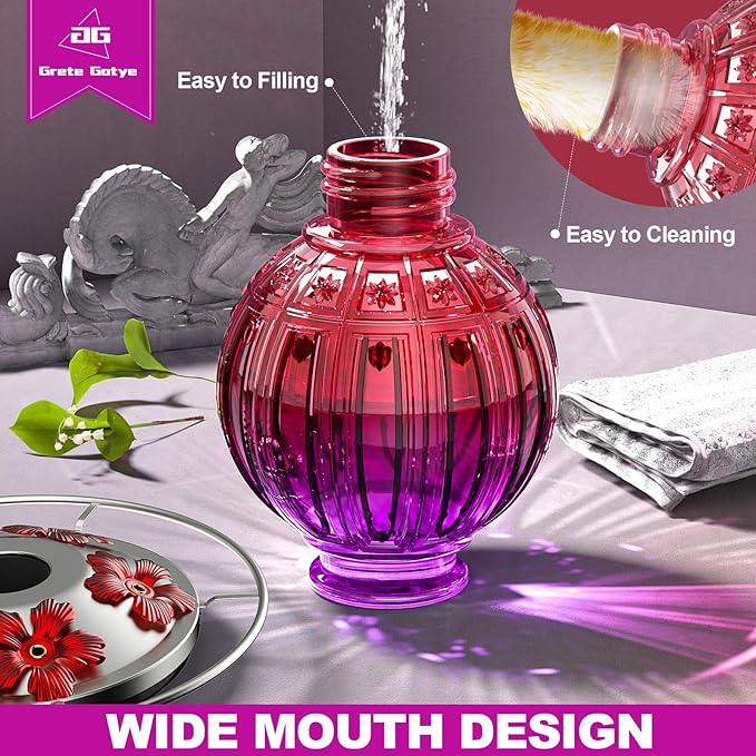 Glass Hummingbird Feeder for Outdoors Hanging, 26Oz Bird Nectar Feeder with Perch & 5 Flower Feeding Ports, Leak Proof for Outside Garden Decor Backyard, Gifts for Women Mom, Purple Red
