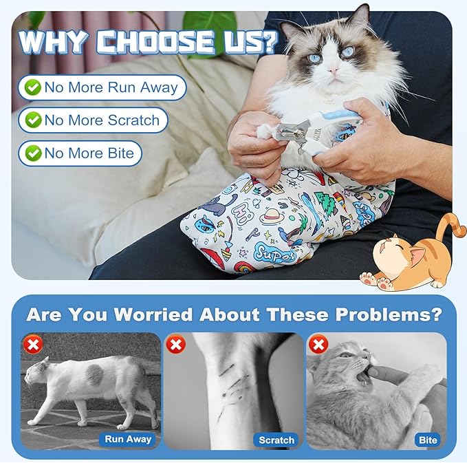 Supet Cat Grooming Wrap for Cutting Nails, 2025 Self-Adherent Cat Wrap, Anti-Escape Calming Cat Swaddle Wrap for Medicine, Nail Clipping, Teeth Brushing, Ear Cleaning (Cartoon, L)