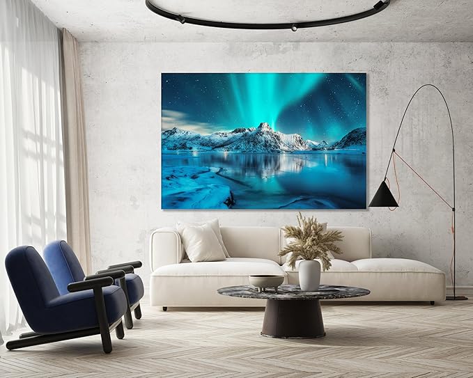 Nature Wall Art Prints - Ocean Forest Mountain Lake Canvas Landscapes - Small to Extra Large Living Room Bedroom Kitchen Bathroom Décor (Northern Lights Over Lake, 35L" x 53W")