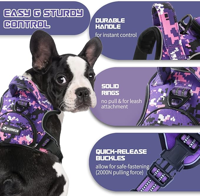 No Pull Dog Harness for Large Dogs, Adjustable No Choke Pet Vest with Dog Leash Fit Smart Reflective Pet Walking Harness for Training Easy Control Soft Handle Purple Camo XL