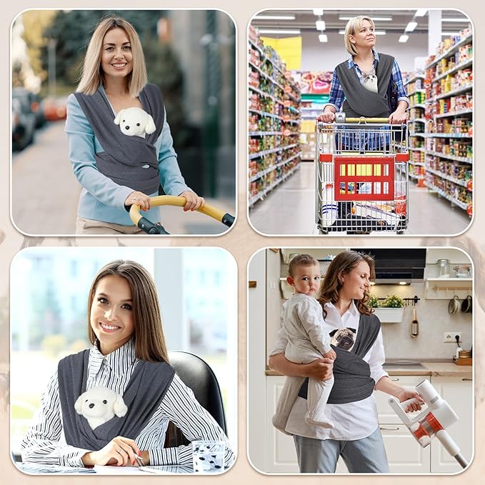 Cat Sling Carriers, Front Facing Dog Sling, Cat Wrap Carrier Chest, Hands Free, Size Adjustable, Soft Cotton, Swaddle Bag for Outdoor(Grey)