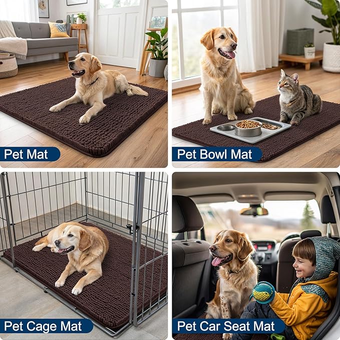 Smiry Dog Door Mat for Muddy Paws 36x24, Absorbs Moisture and Dirt Doormat, Non-Slip Washable Quick Dry Chenille Front Door Mat Indoor Entrance, Entryway Carpet for Inside Floor, Brown