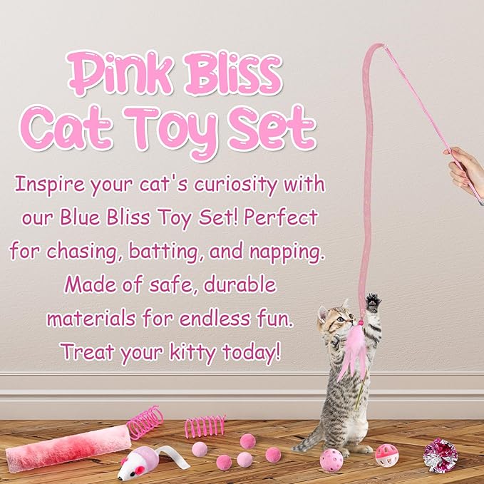 24 Pcs Cat Toys Set Interactive Kitten Toys Pack Including Collapsible Play Tunnel Feather Teaser Wand Fuzzy Ball Springs Pillow Mouse Bells for Indoor Cats Puppy (Pink)
