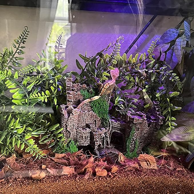 5 PCS Tank Accessories for Bearded Dragon Include Resin Classical Castle Reptile Climb Habitat Decor Hanging Jungle Vines Flexible Leaves Climbing Decor for Lizard Gecko Chameleon Spider