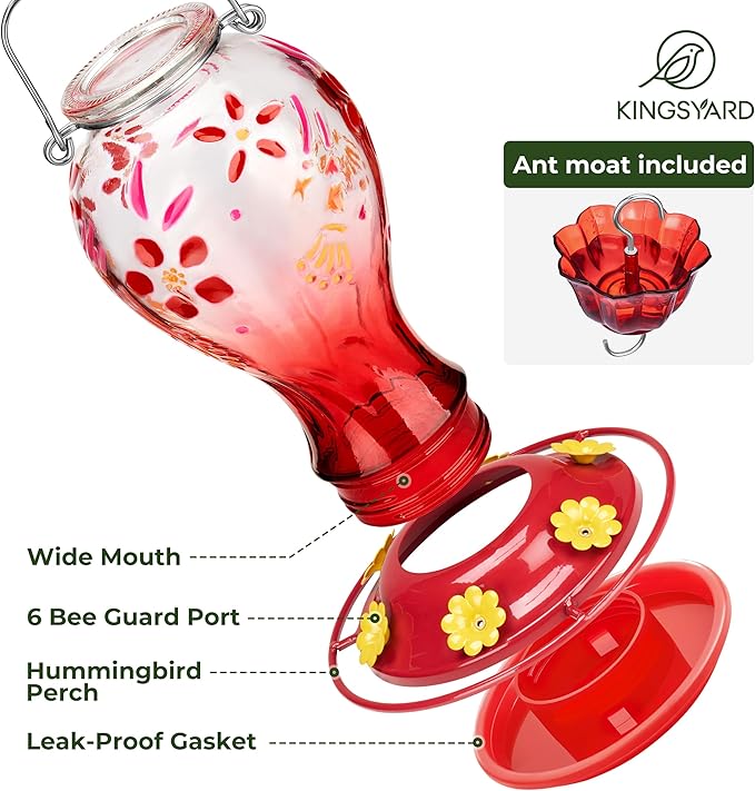 Kingsyard Hummingbird Feeder for Outdoors, Glass 26 oz Leak Proof Feeder with Ant Moat & 6 Ports, Hanging Bird Feeder for Garden Decor, Red