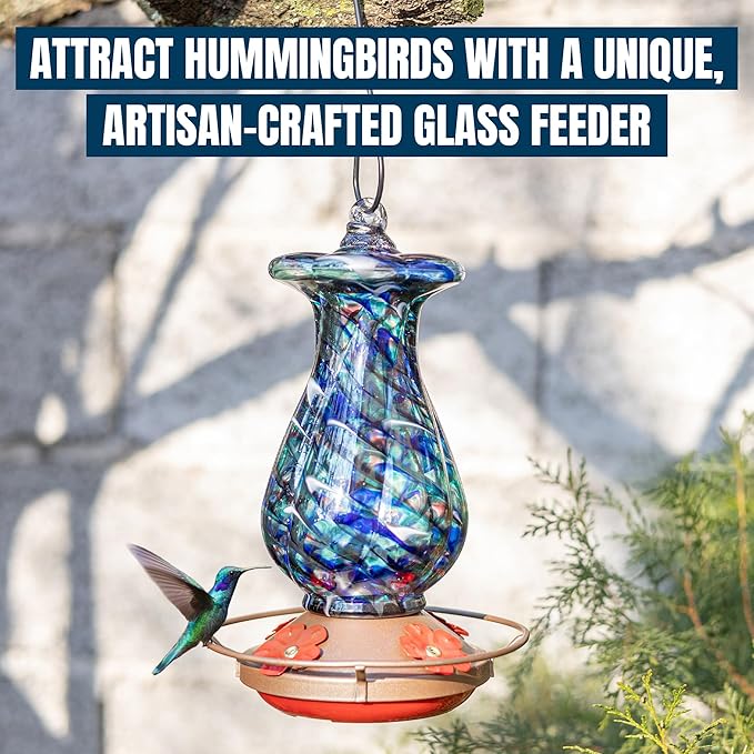 MEKKAPRO Hummingbird Feeders for Outdoors Hanging Glass 20oz, Decorative Feeder with Blown Stained Waterdrop Glass Design for Outdoors and Backyard, Easy Fill with 4 Nectar Feeding Flowers (Blue)