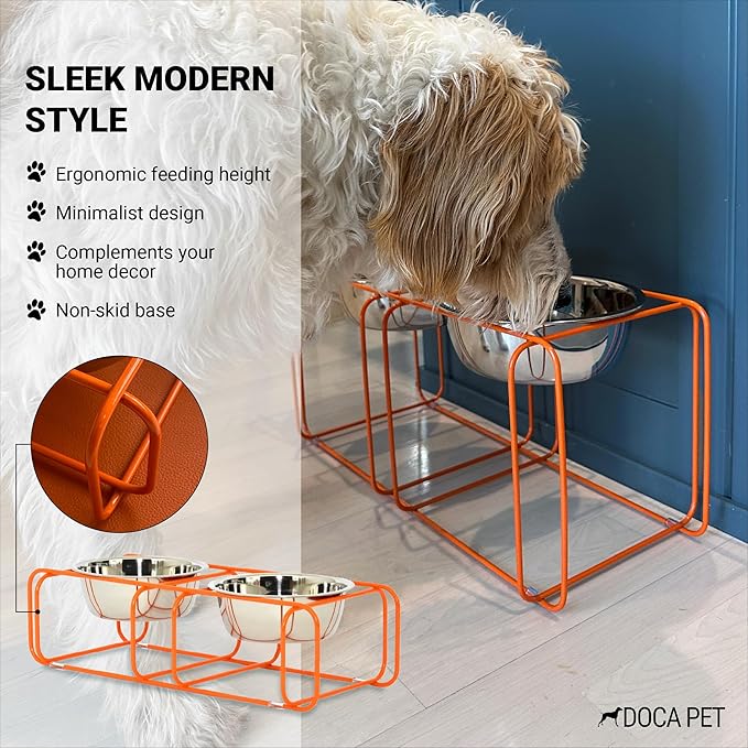 Wire & Dine Elevated Dog Bowls Stand for Medium & Large Sized Dogs - 2 Stainless Steel 8 Cup Dishes - Non-Skid, Modern Minimalist Design, Dishwasher Safe, Orange Frame Holder - Made in USA