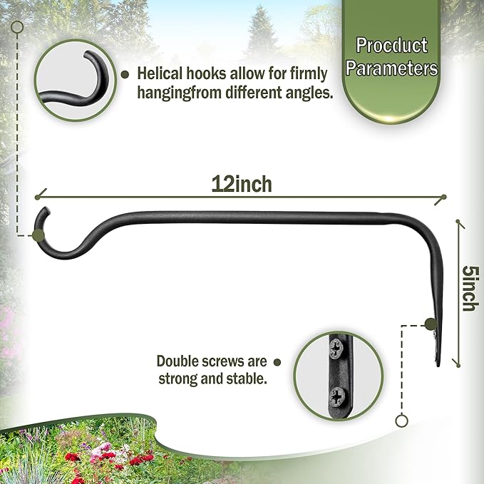Durable Plant Hangers Brackets: 2 Pack 12 Inch Outdoor Metal Hanging Plant Brackets - Rustproof Wall Hooks for Hanging Flower Basket Bird Feeders Wind Chimes and Lanterns