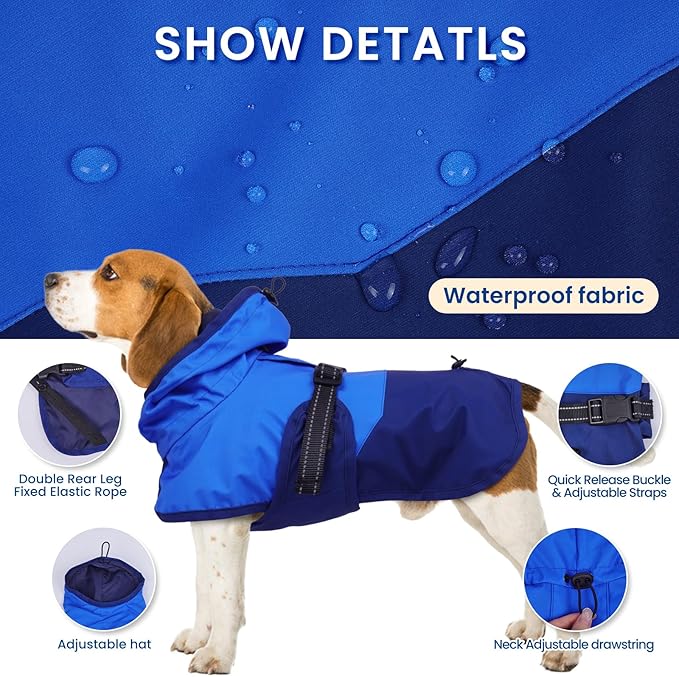 BRKURLEG Dog Raincoat Adjustable Dog Rain Jacket with Hood Dogs Waterproof Rainproof Jacket with Leash Hole Pet Poncho Rain Coat Poncho with Reflective Strip, Blue, XL