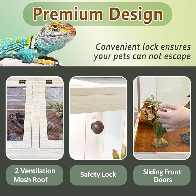 PROLEE Bearded Dragon Tank,81 Gallon Tempered Glass Reptile Tank with Mesh Roof and Front Sliding Door, Anti-Scratch Lizard Tank,Spacious Reptile Enclosure for Snakes,Lguanas, Chameleons(Oak)