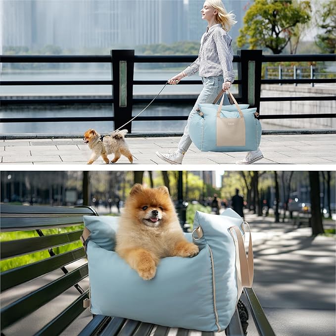 Lesure Small Dog Car Seat for Small Dogs - Soft Dog Booster Seat for Car with Storage Pocket and Clip-On Safety Leash and Thickened Memory Foam Filling, Pet Travel Carrier Bed, Light Blue