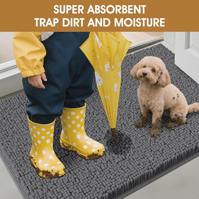 IM HOME Extra Large 71" x 25" Grey Dog Door Mats for Muddy Paws, Chenille Absorbent Dog Mat, Non Slip Heavy Mud Mat for Dogs, Soft Pet Bed Mat for Entryway, Mud Paws, Inside Floor