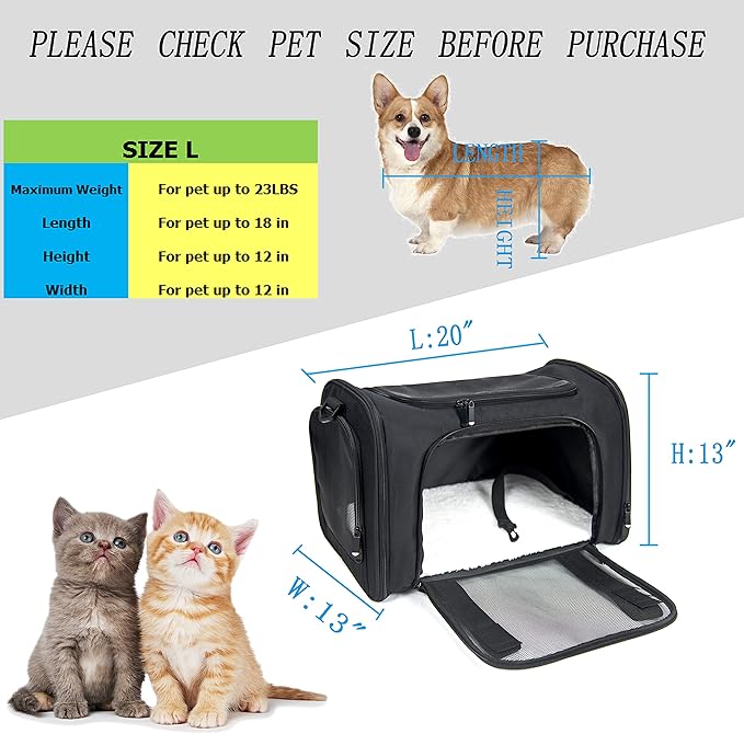 Soft Sided Carrier for Small Medium Cats Dogs,Removable Pad Collapsible Travel Pet Carrier Large Black