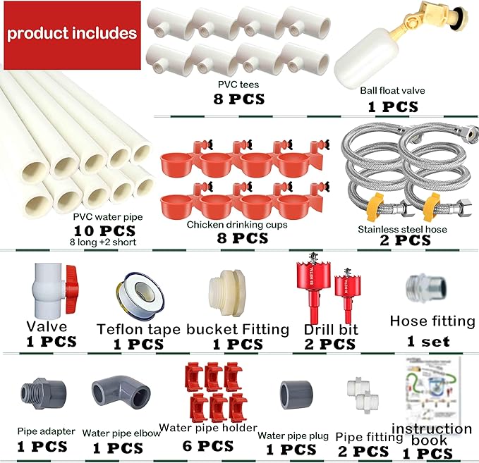 Complete Set Pipeline Automatic Chicken Waterer System(58 Accessories Included)Chicken Water Cups, Chicken Waters,Poultry Waterer,Chicken Watering System,with PVC Pipeline,Float Valve and Garden Hose