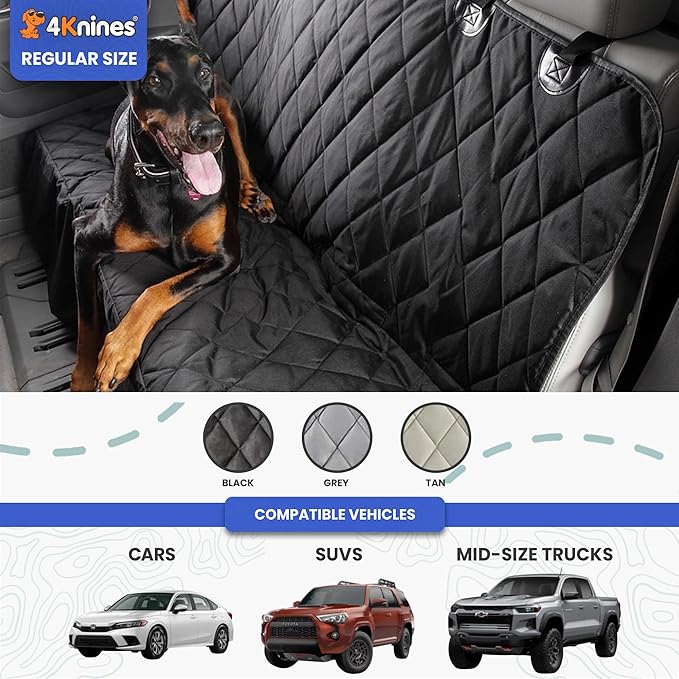 4Knines Back Seat Pet Cover for Dogs w/o Hammock – 54" Wide, Waterproof Car Seat Cover, Non-Slip, Heavy-Duty – Fits Cars, SUVs, Small Trucks – 2 Seat Belt & Latch Access – Back Seat Protector (Grey)