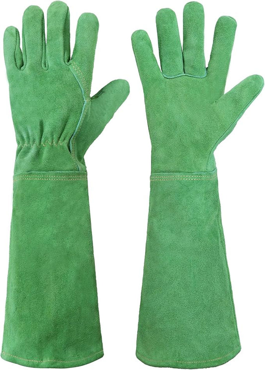 HANDLANDY Leather Gardening Gloves, Thorn Proof Long Gauntlet Heavy Duty Garden Gloves, Elbow Length Rose Pruning Weeding Yard Glove (Large, Green)