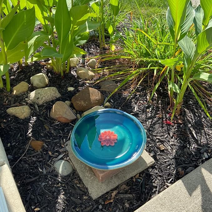 DUSVALLY Birdbath Ceramic Bowl Decor for Bee Bird for Outside, Bird Bath Bowl Vintage Decoration for Garden and Patio, Blue with Red Flower