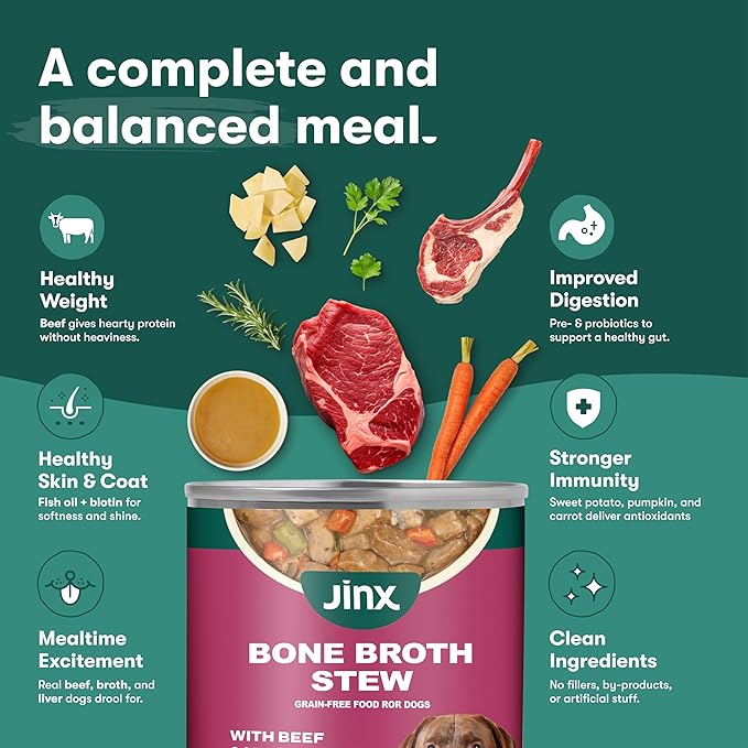 Jinx Bone Broth Stew for Dogs - Beef & Vegetables Recipe - Grain-Free Wet Dog Food & Topper for Picky Eaters - Promotes Lean Muscle Growth, A Healthy Coat & Improved Digestion - 13 Oz, 12 Pack