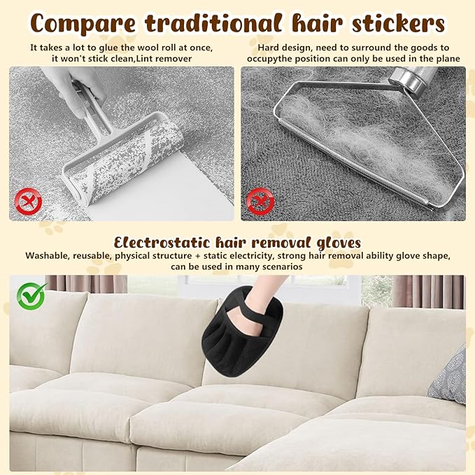 Pet Hair Remover Gloves,Electrostatic Removal for Pet Hair,Reusable Cat & Dog Grooming Gloves for Clothing/Couch/Furniture/Carpet/Car Seat(2Pcs)