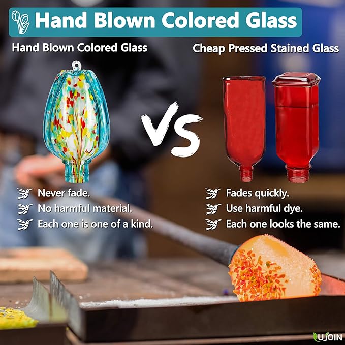 Tulip Shaped Hummingbird Feeder for Outdoors, Hand Blown Glass, 28 fl.oz, Leak Proof & Rustproof, Includes an Ant Moat, Metal Cover with 5 Feeding Ports & 5 Perches, Blue