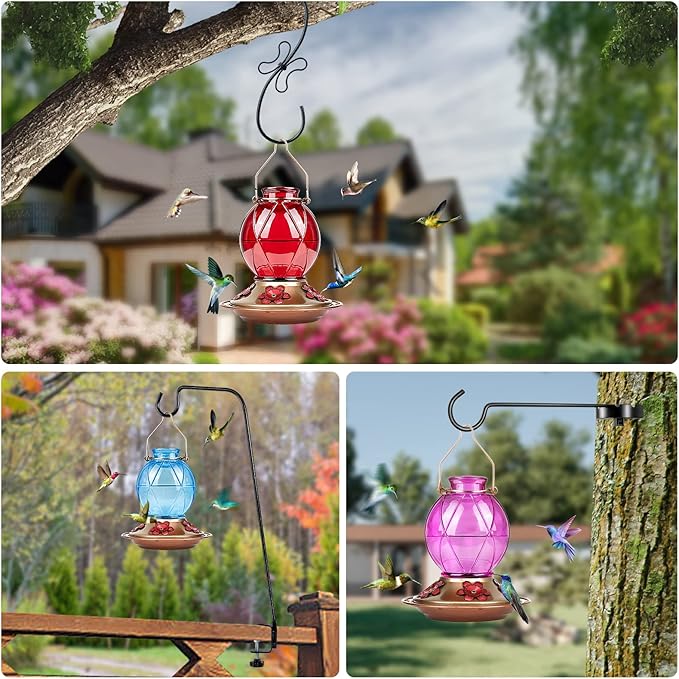 BOLITE Hummingbird Feeder, Glass Hummingbird Feeders for Outdoors Hanging, Five Feeding Ports, 20 Ounces, 2 Pack, Red and Purple, Birthday Gifts for Women Men, Gifts for Mom Dad
