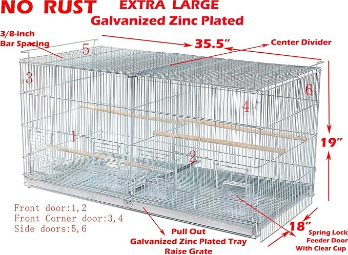 LOT of Extra Large 35.5" x 18" x 19"H No Rust Stainless Galvanized Zinc Plated Stackable Breeder Bird Flight Cage with Removable Center Divider and Breeding Nest Doors