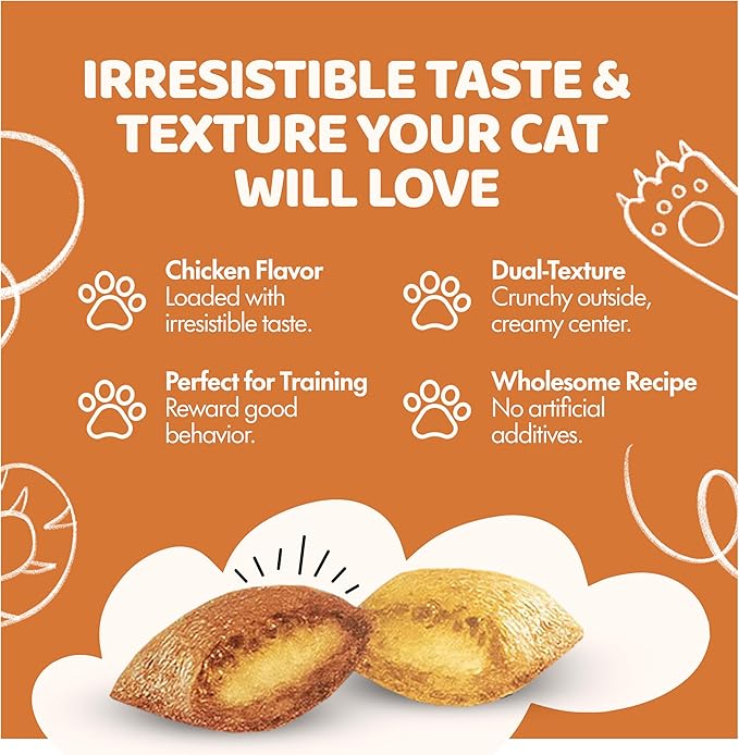 Crunchy Cat Treats – Dual‐Texture Crunch & Creamy Soft Feline Snack Bites for All Life Stages, Great for Training Treat Value Bags (1 Pound, Chicken)