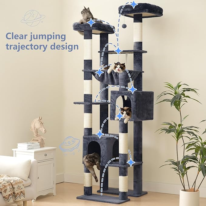 Hey-brother Tall Cat Tree Tower, Heavy Duty Scratching Posts with Large Platforms, Cozy Condos, Big Hammock, Toy Balls, Multi-Level Furniture for Indoor Adult Cats, 80.7 Inches, Smoky Gray MPJ039G