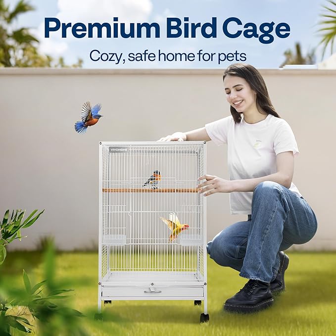VIVOHOME 30 Inch Height Wrought Iron Bird Cage with Rolling Stand for Conures Lovebirds Cockatiels Finches, White