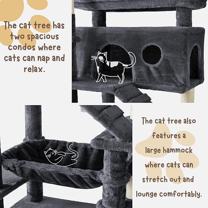 Cat Tree, 80-Inch Large Cat Tower with 9 Scratching Posts, 2 Perches, 2 Caves, 2 Basket, 2 Stairs, Extra Large Hammock, Pompoms, Multi-Level Plush Cat Condo for Indoor Cats/Smoky Grey