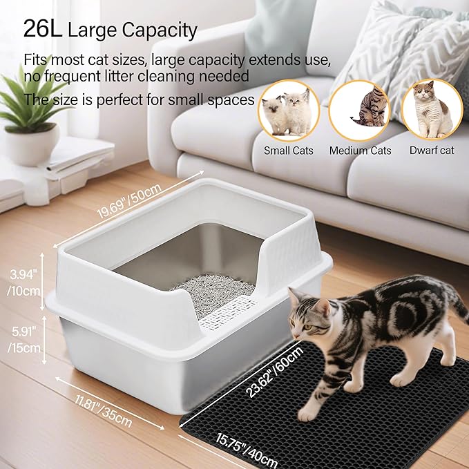 Enclosed High Sided Metal Stainless Steel Cat Litter Box with lid Scoop and Mats for Kittens or Medium Cats, Easy Clean Transparent Black Deep Tall Kitty Litter Box